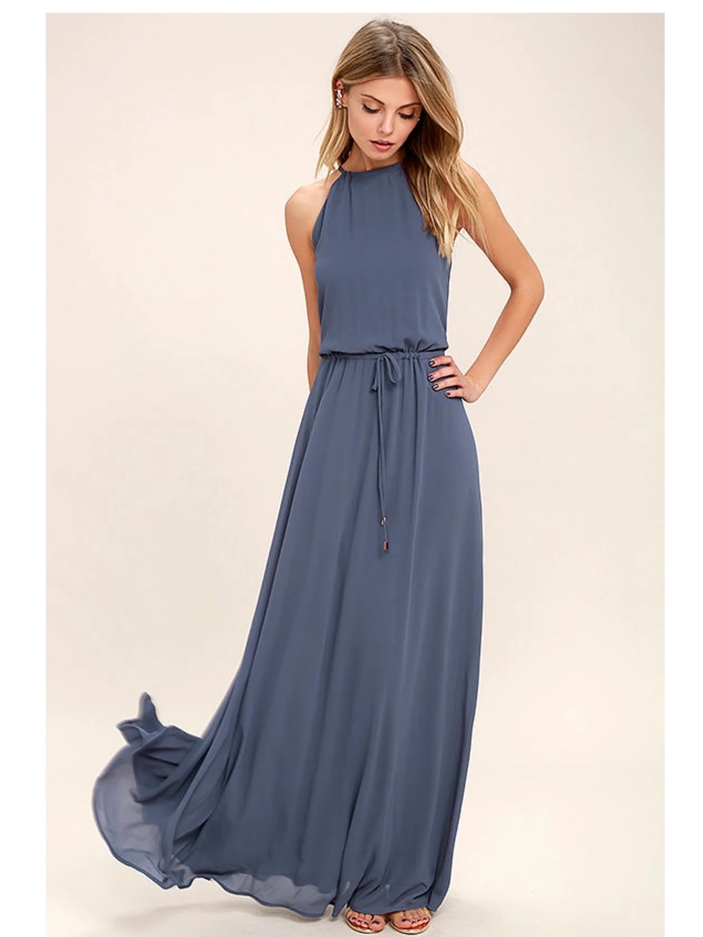 Lulus Be Mellow Denim Blue Drawstring Halter Neckline and Waist Maxi Dress Large